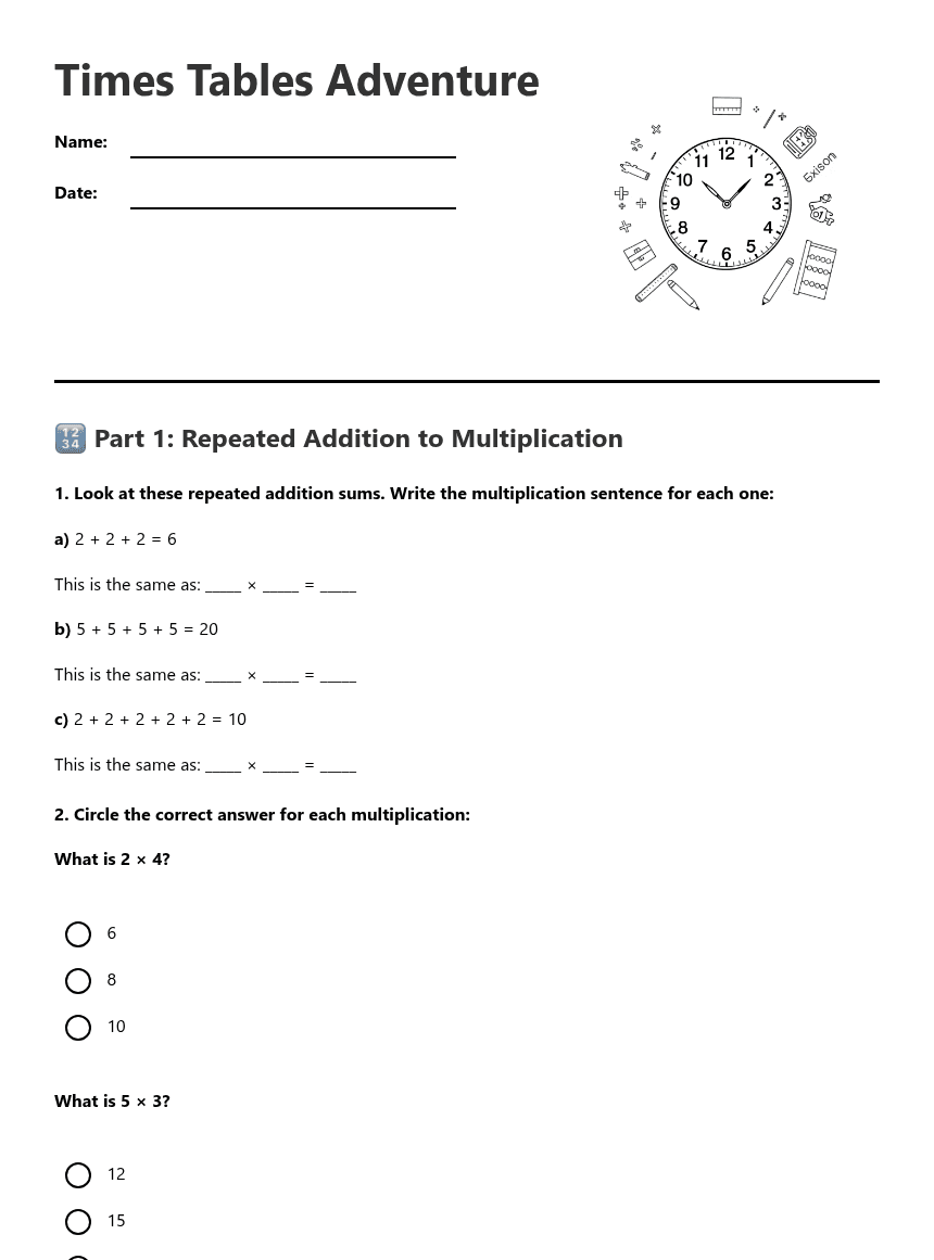 Times Tables Adventure worksheet preview