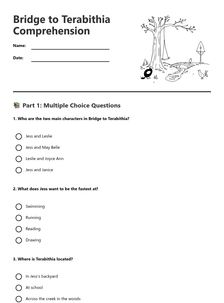Bridge to Terabithia Comprehension worksheet preview