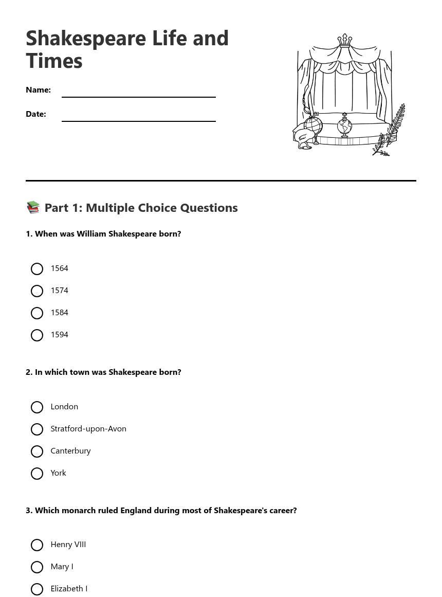 Shakespeare Life and Times worksheet preview