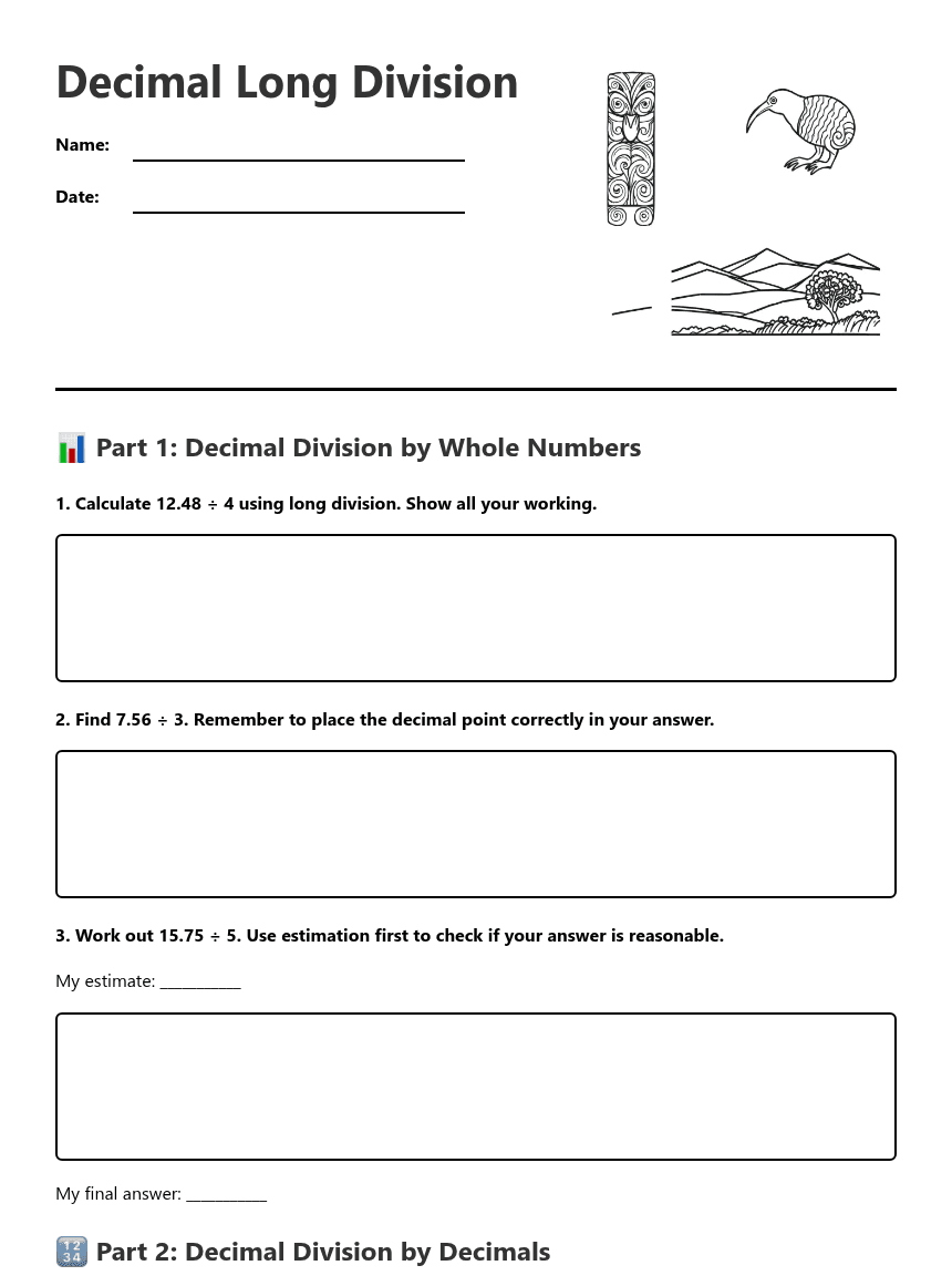 Decimal Long Division worksheet preview