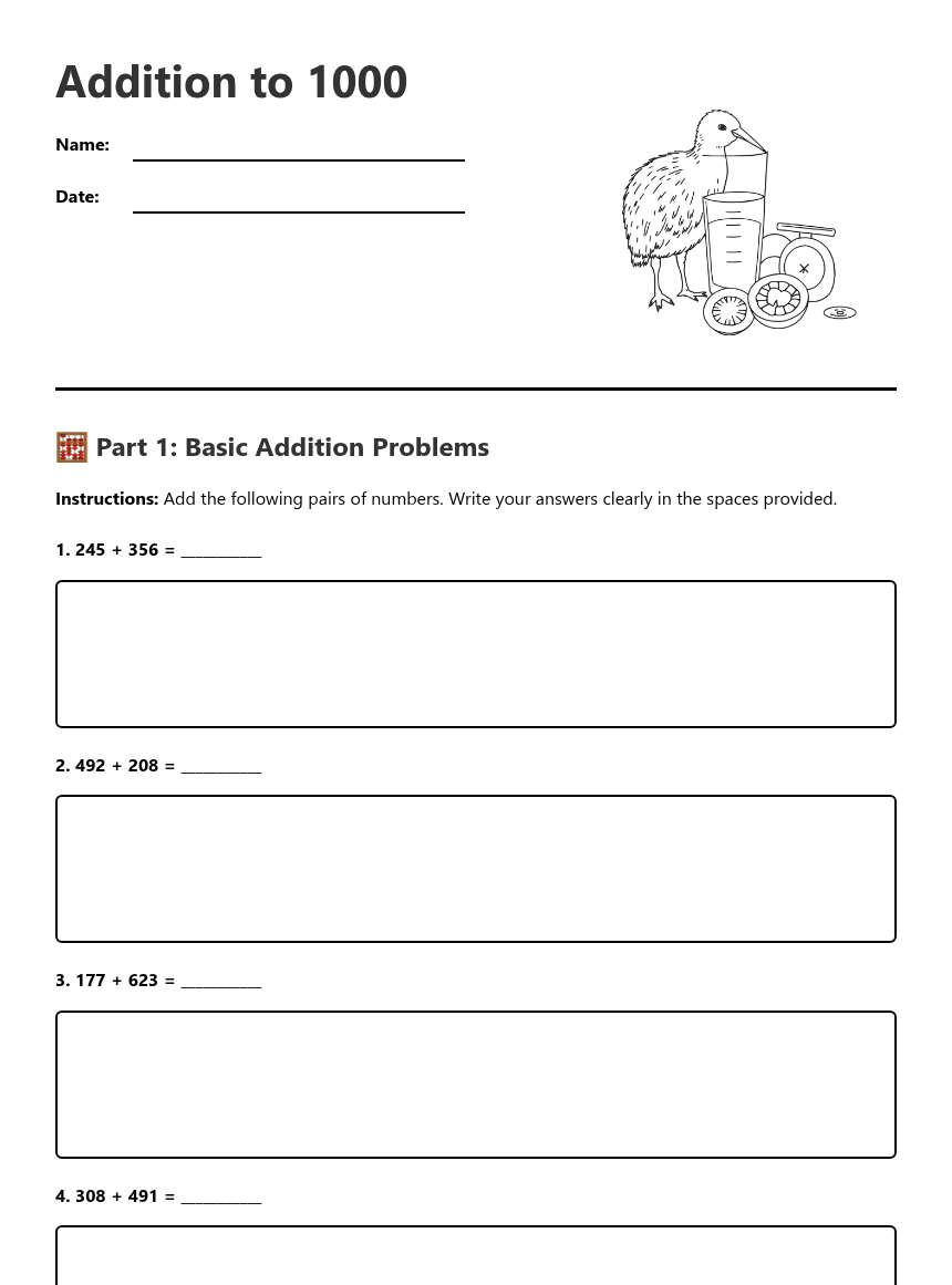 Addition to 1000 worksheet preview