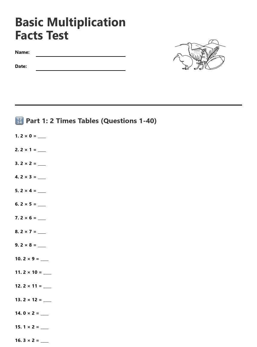 Basic Multiplication Facts Test worksheet preview