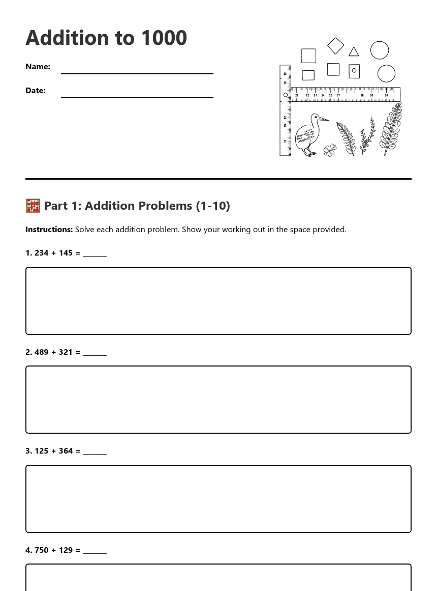 Addition to 1000 worksheet preview