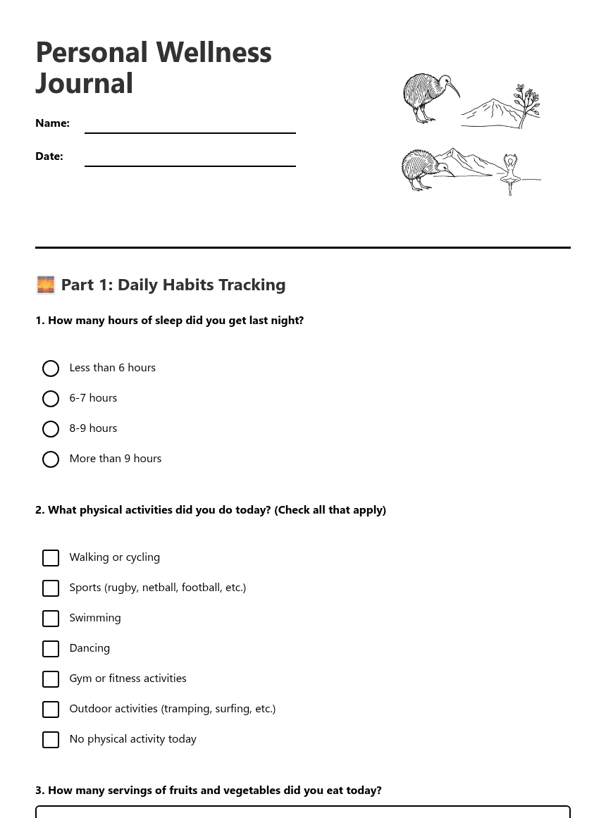 Personal Wellness Journal worksheet preview