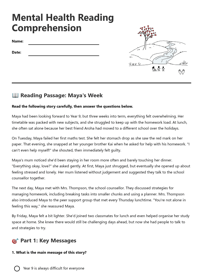 Mental Health Reading Comprehension worksheet preview