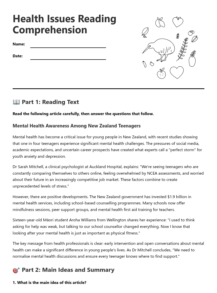 Health Issues Reading Comprehension worksheet preview