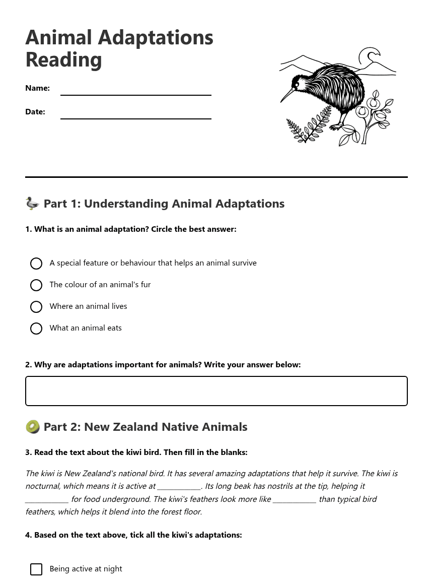 Animal Adaptations Reading worksheet preview