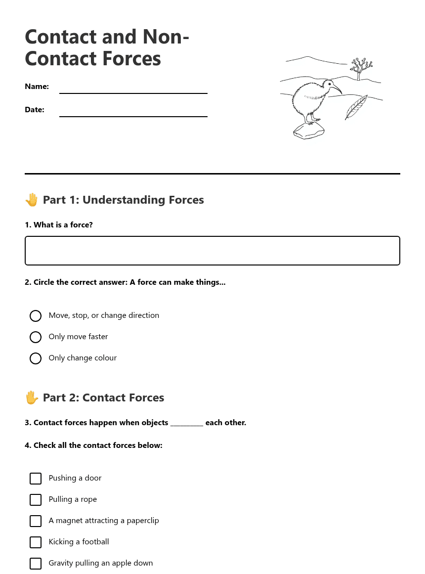 Contact and Non-Contact Forces worksheet preview