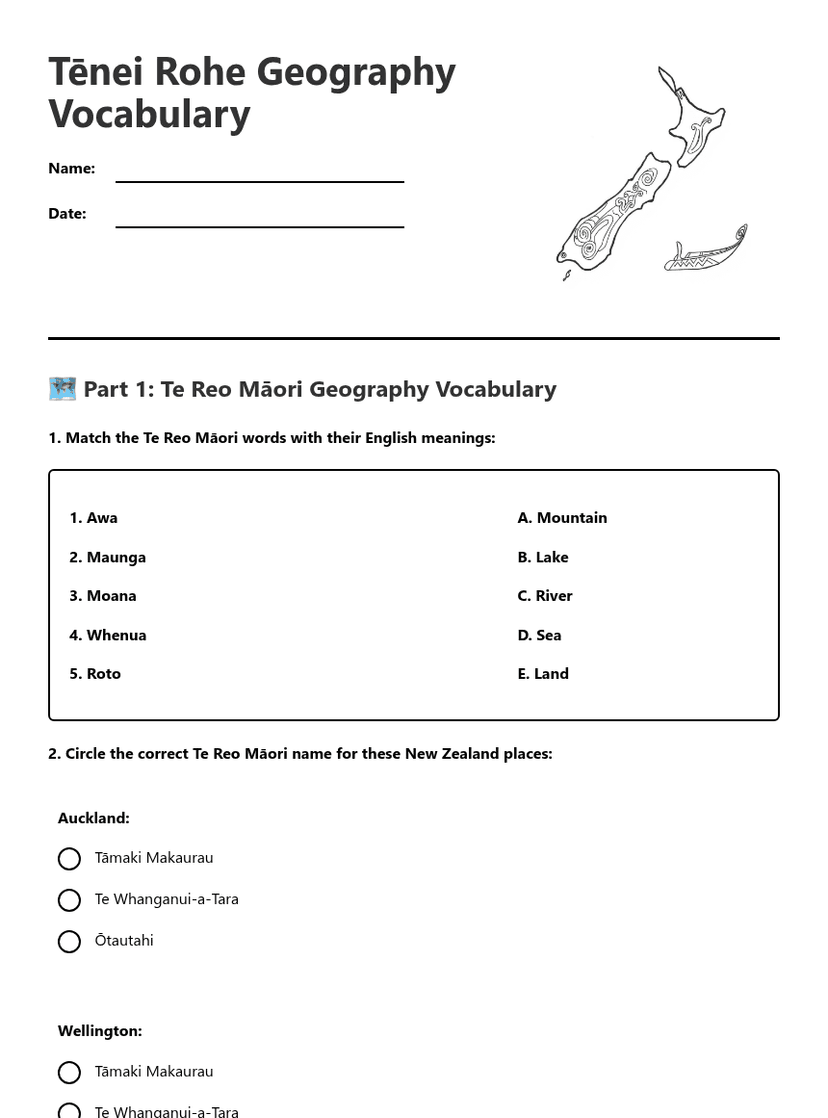 Tēnei Rohe Geography Vocabulary