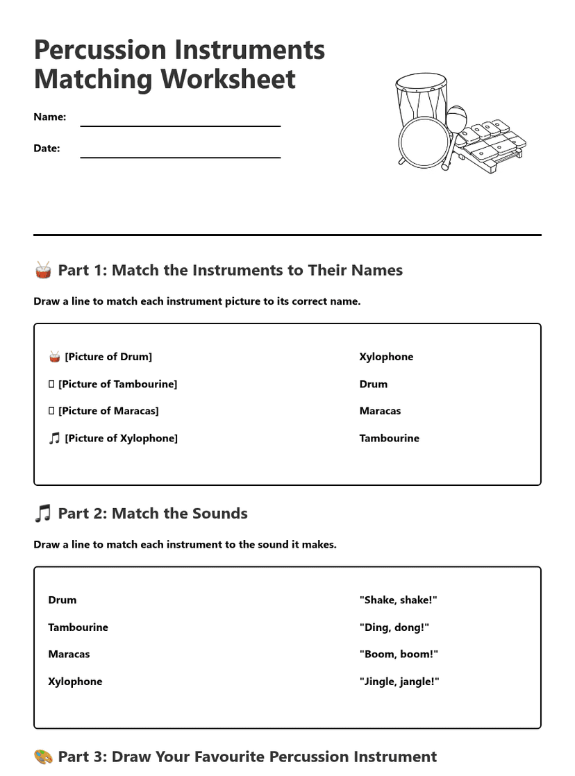 Percussion Instruments Matching Worksheet