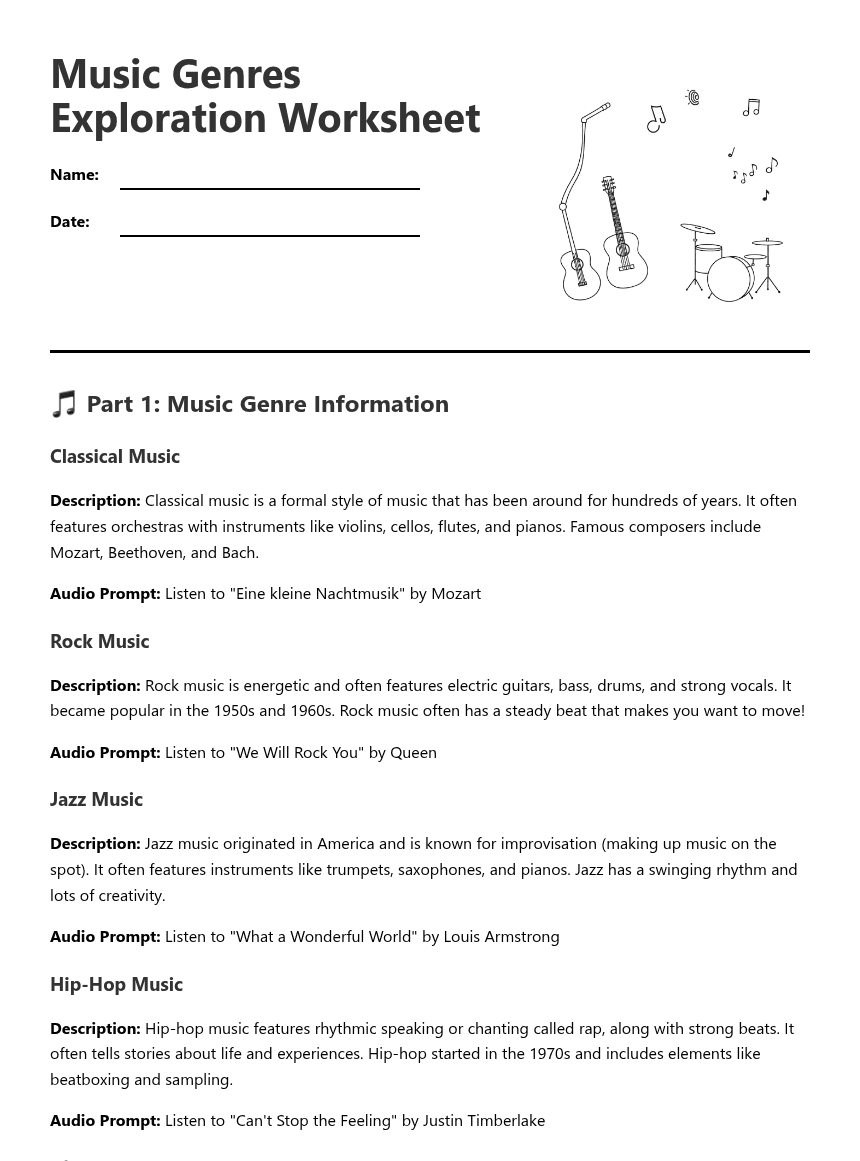 Music Genres Exploration Worksheet worksheet preview