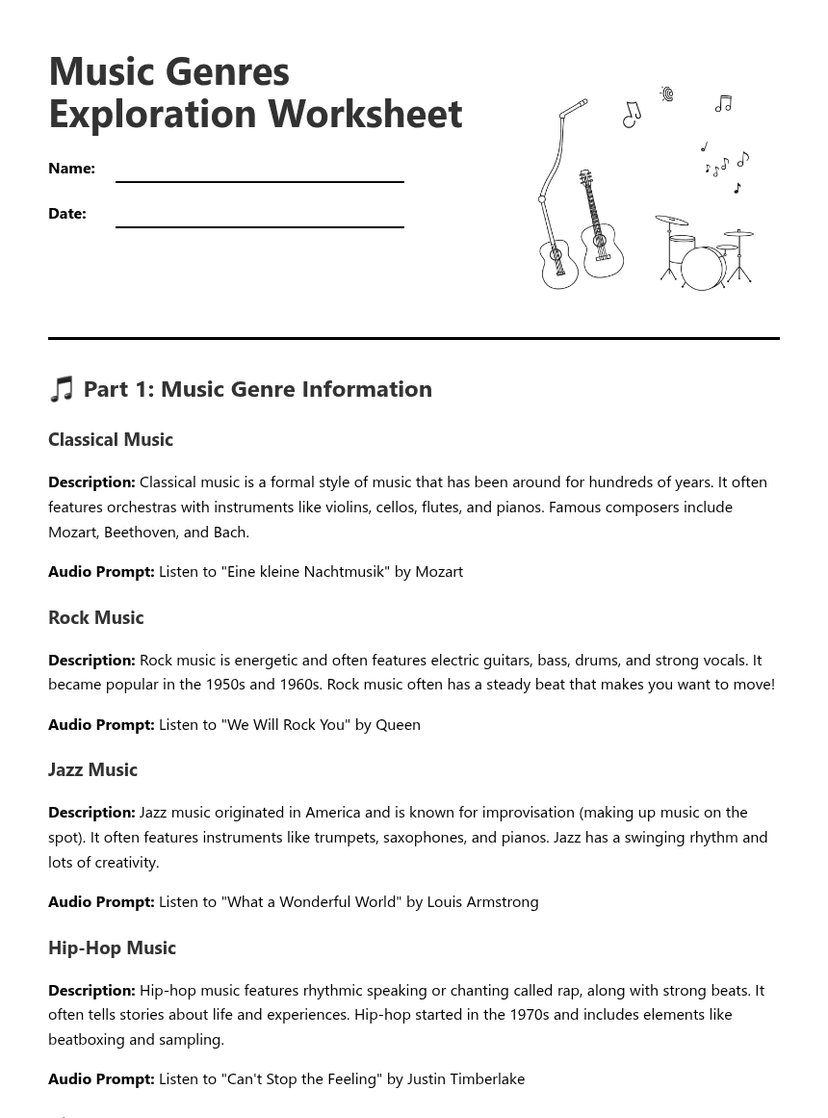 Music Genres Exploration Worksheet