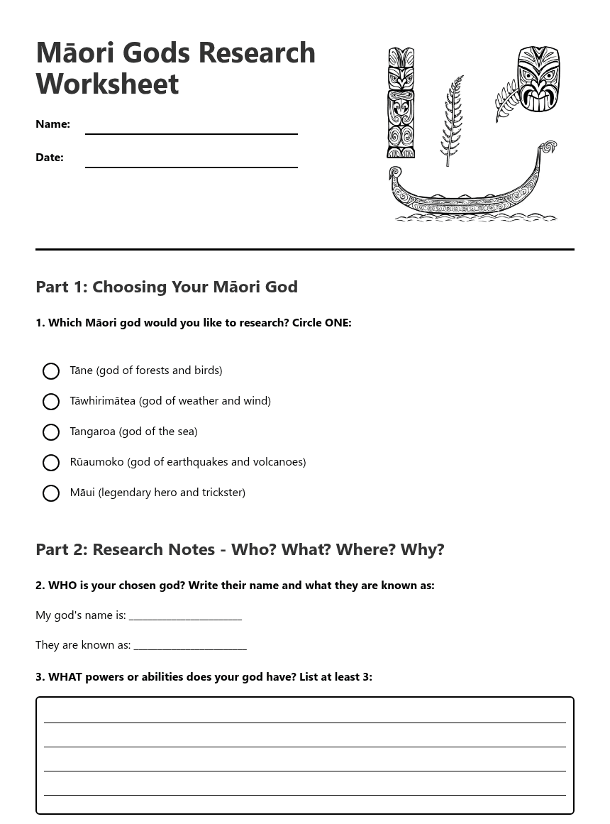 Māori Gods Research Worksheet worksheet preview