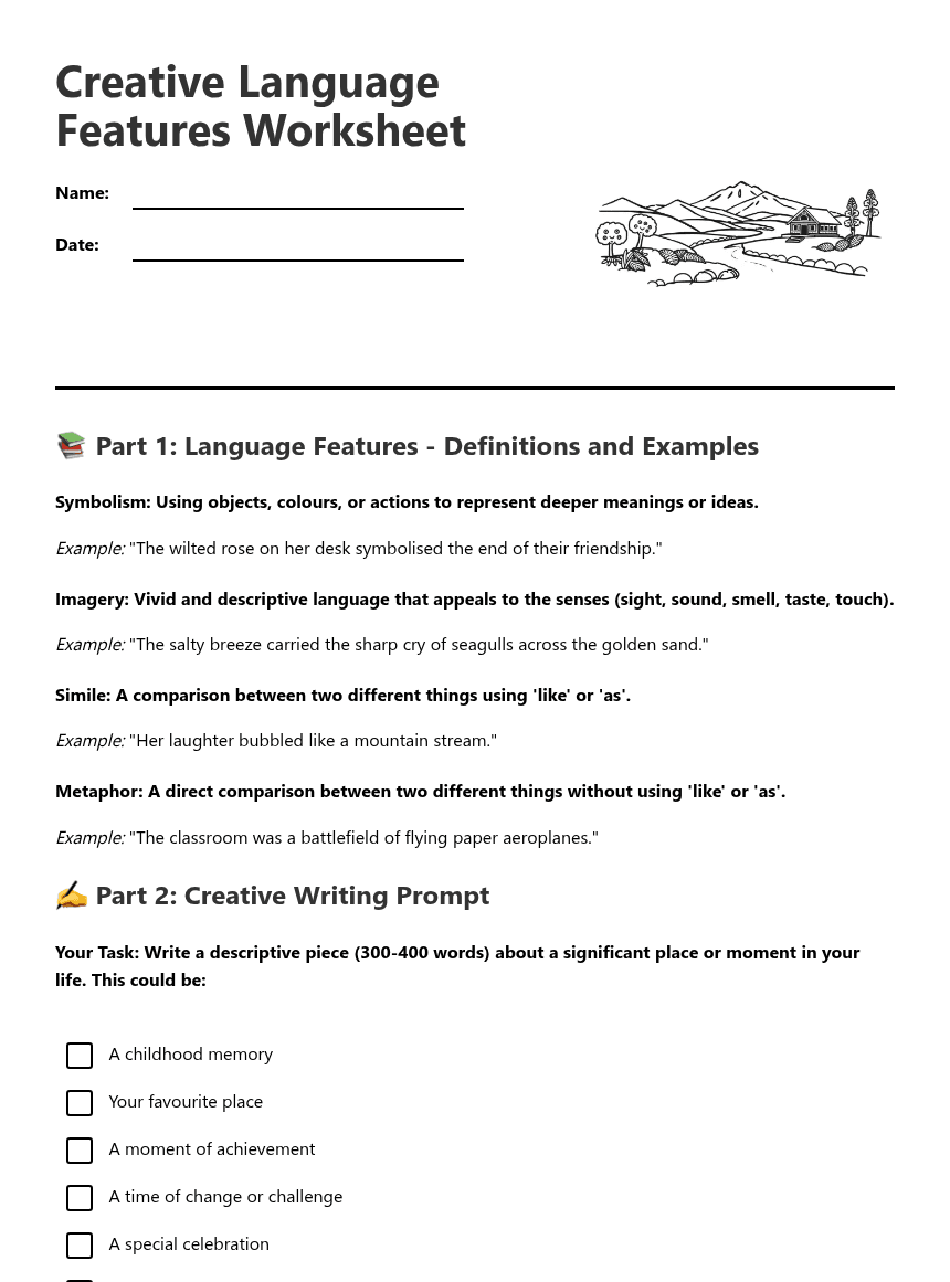 Creative Language Features Worksheet worksheet preview