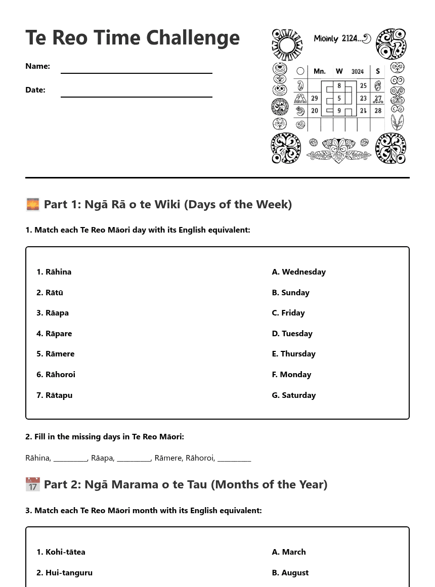 Te Reo Time Challenge worksheet preview