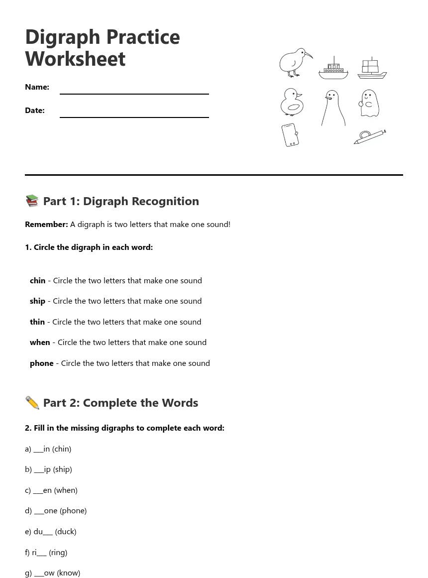 Digraph Practice Worksheet worksheet preview