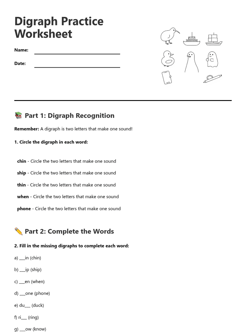Digraph Practice Worksheet