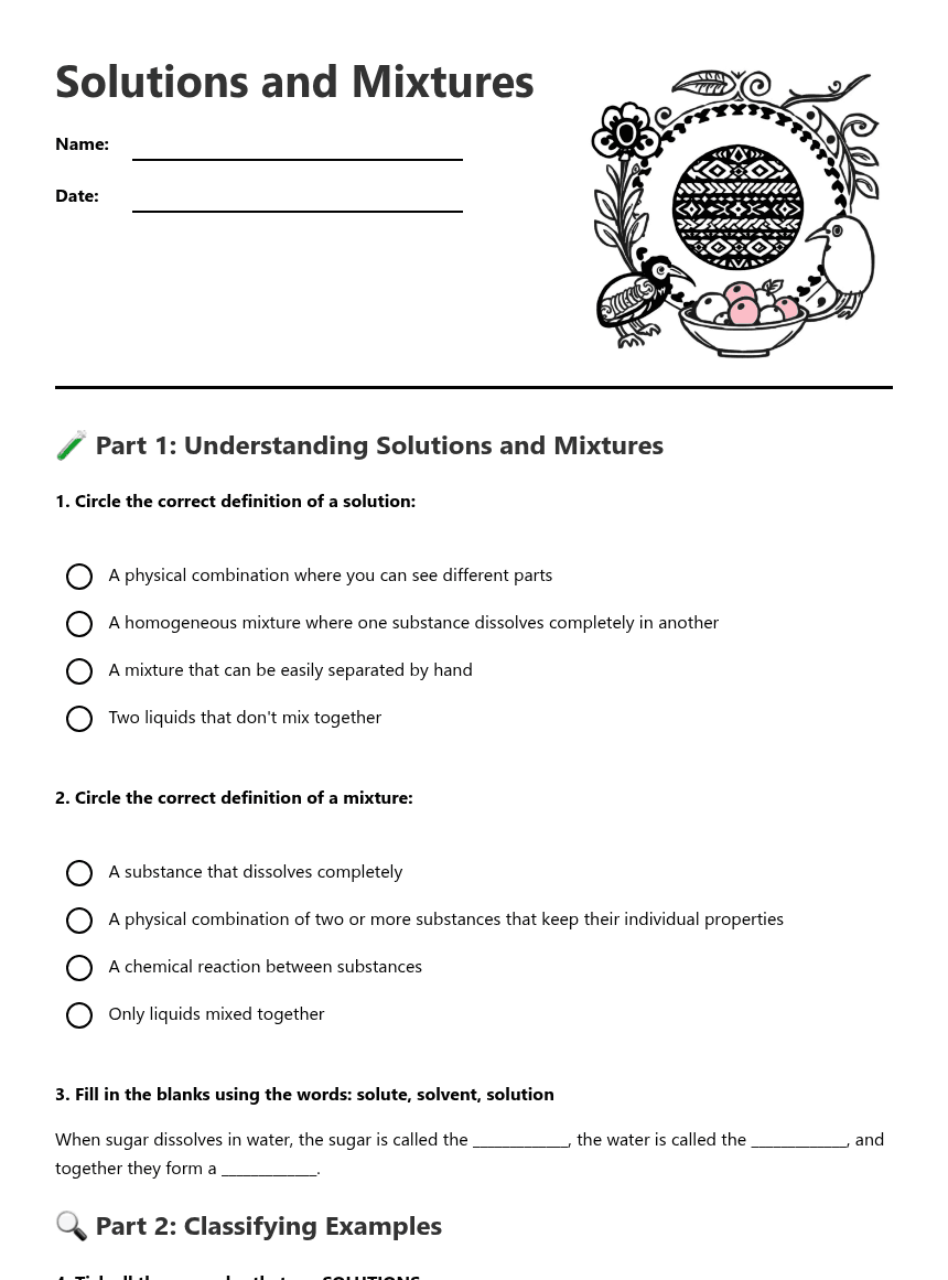 Solutions and Mixtures worksheet preview