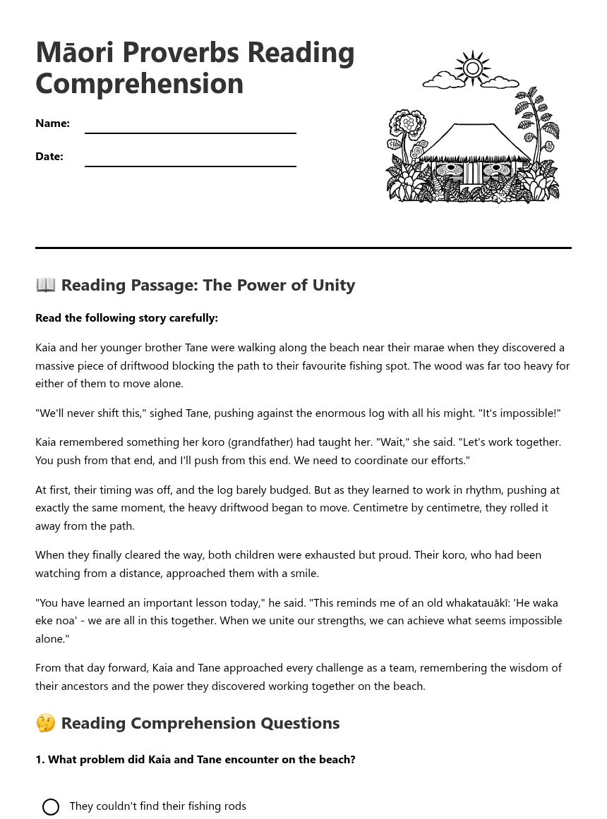 Māori Proverbs Reading Comprehension worksheet preview