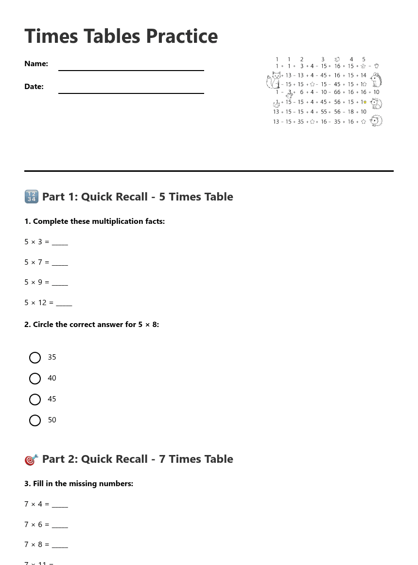 Times Tables Practice worksheet preview