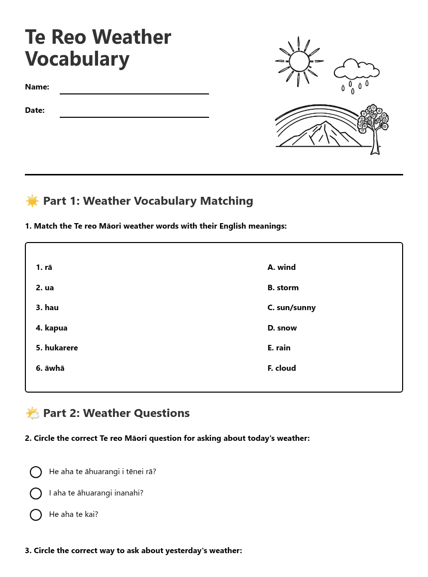 Te Reo Weather Vocabulary worksheet preview
