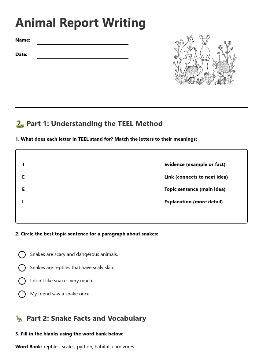 Animal Report Writing worksheet preview