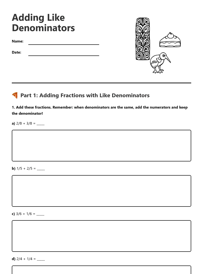 Adding Like Denominators worksheet preview