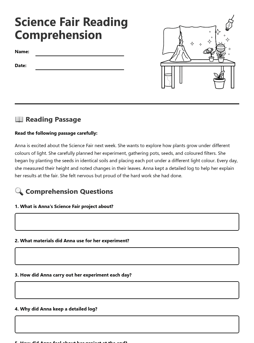 Science Fair Reading Comprehension worksheet preview