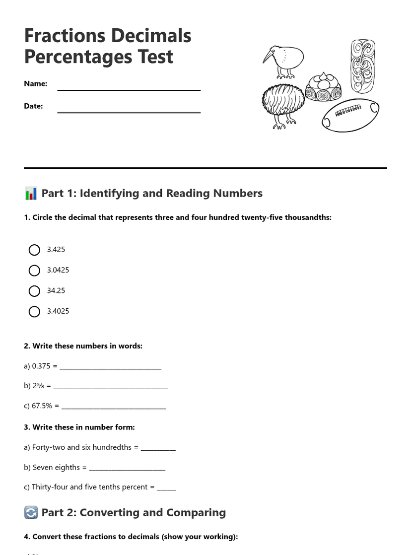 Fractions Decimals Percentages Test