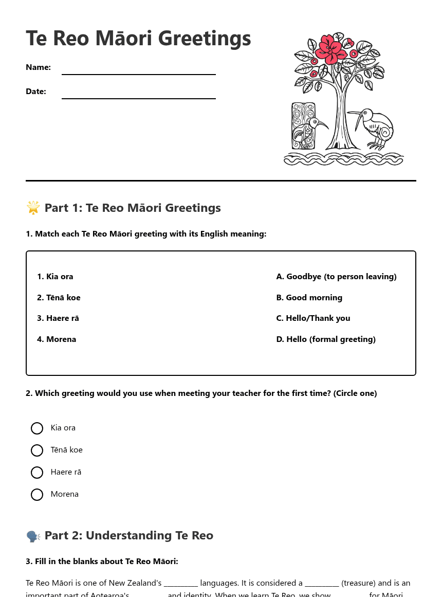 Te Reo Māori Greetings worksheet preview