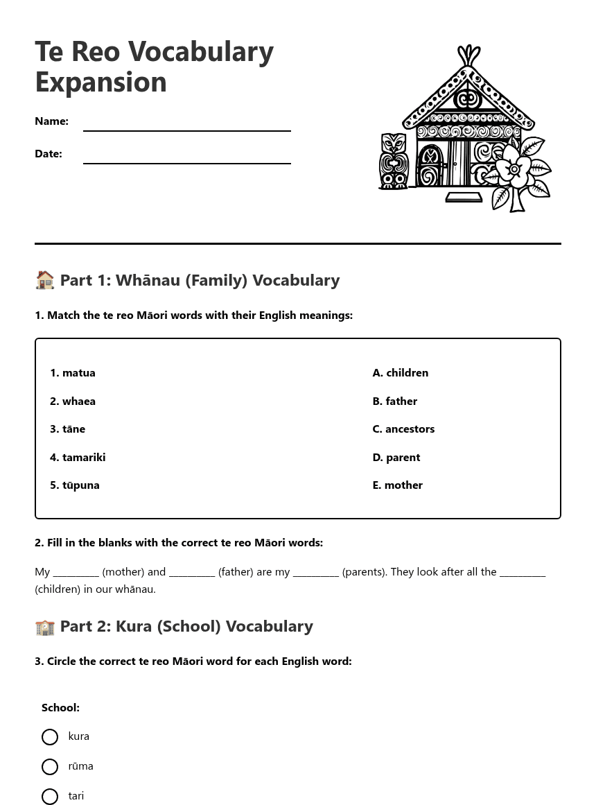 Te Reo Vocabulary Expansion worksheet preview