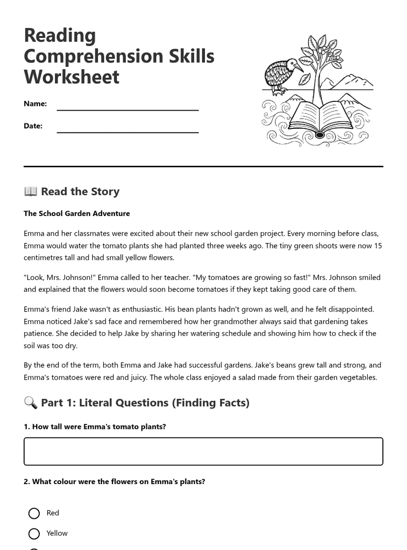 Reading Comprehension Skills Worksheet