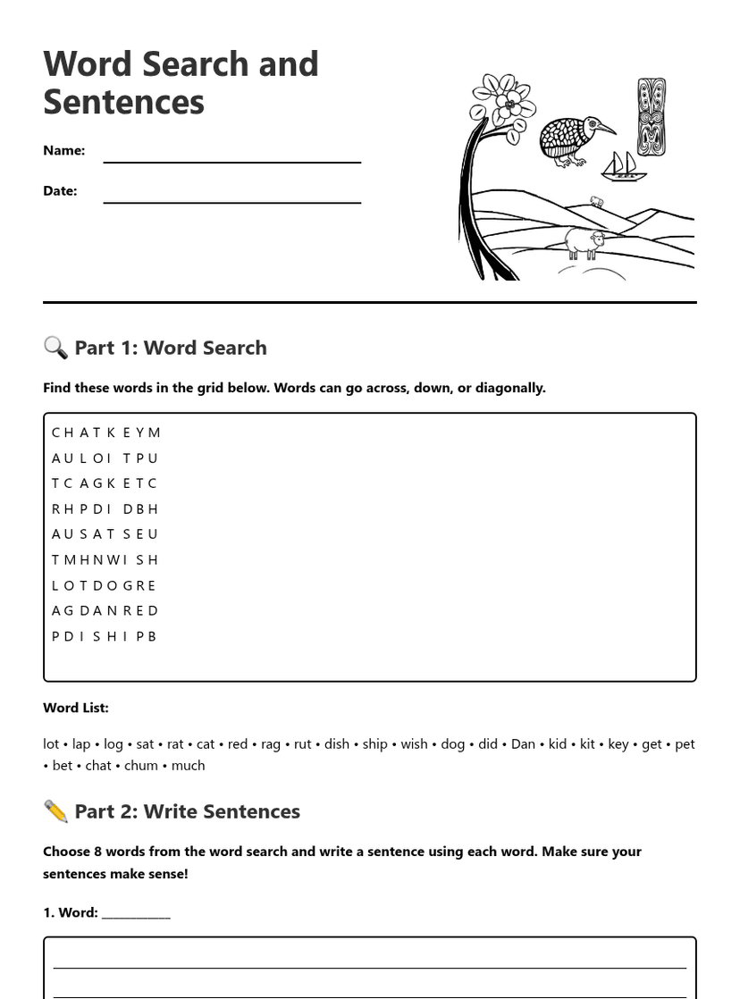Word Search and Sentences