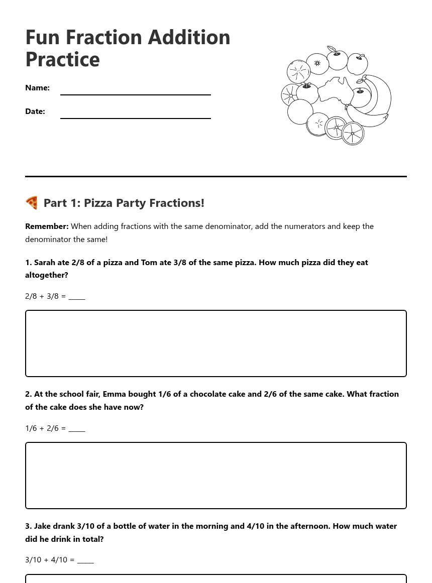 Fun Fraction Addition Practice worksheet preview