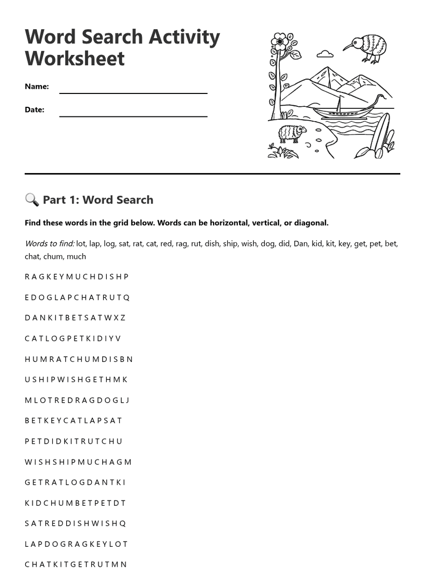 Word Search Activity Worksheet
