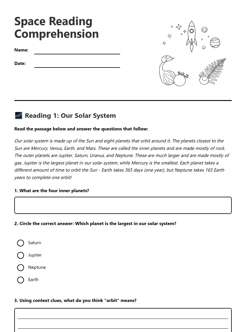 Space Reading Comprehension worksheet preview