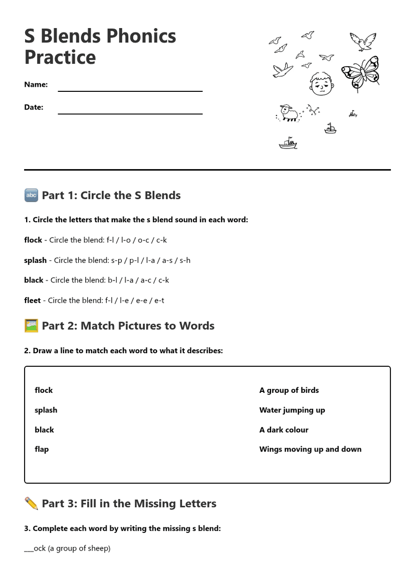 S Blends Phonics Practice