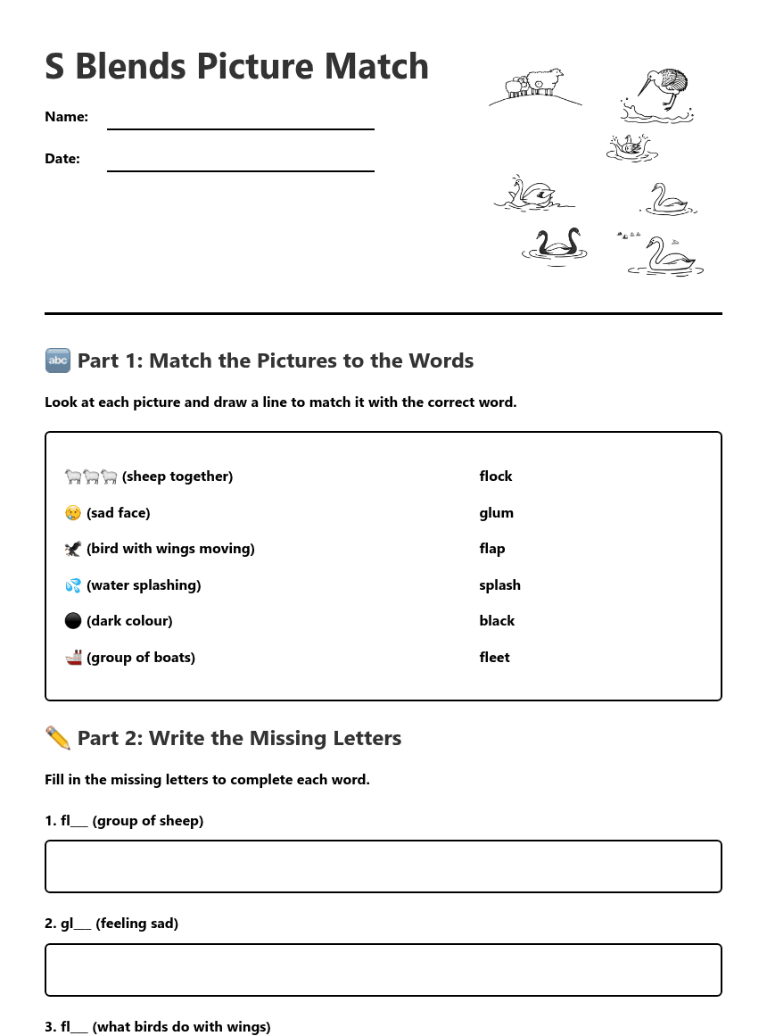 S Blends Picture Match worksheet preview