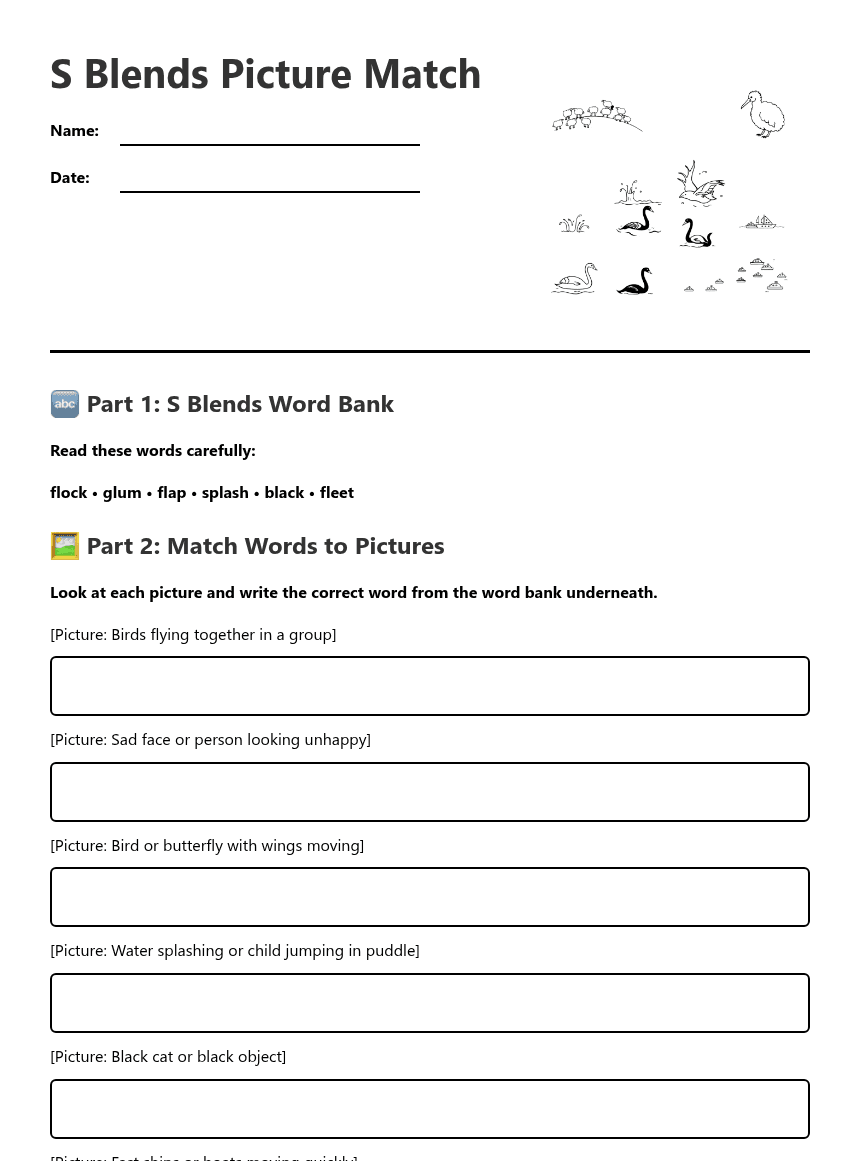 S Blends Picture Match worksheet preview