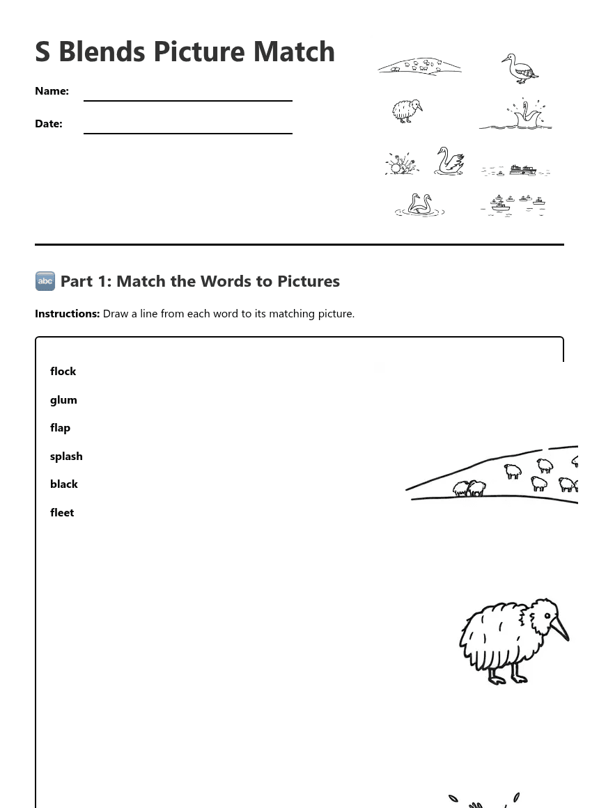 S Blends Picture Match worksheet preview