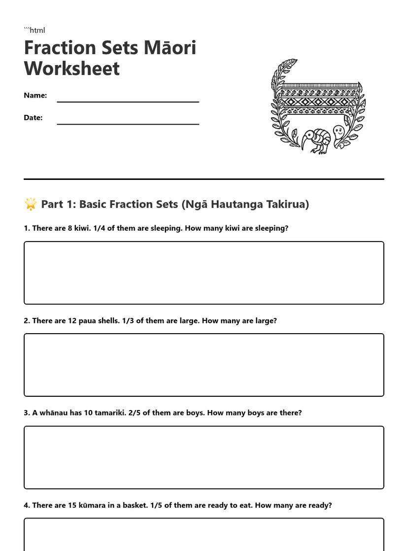 Fraction Sets Māori Worksheet