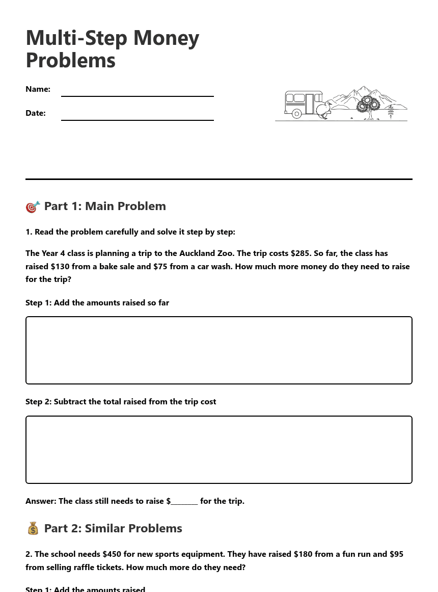 Multi-Step Money Problems worksheet preview
