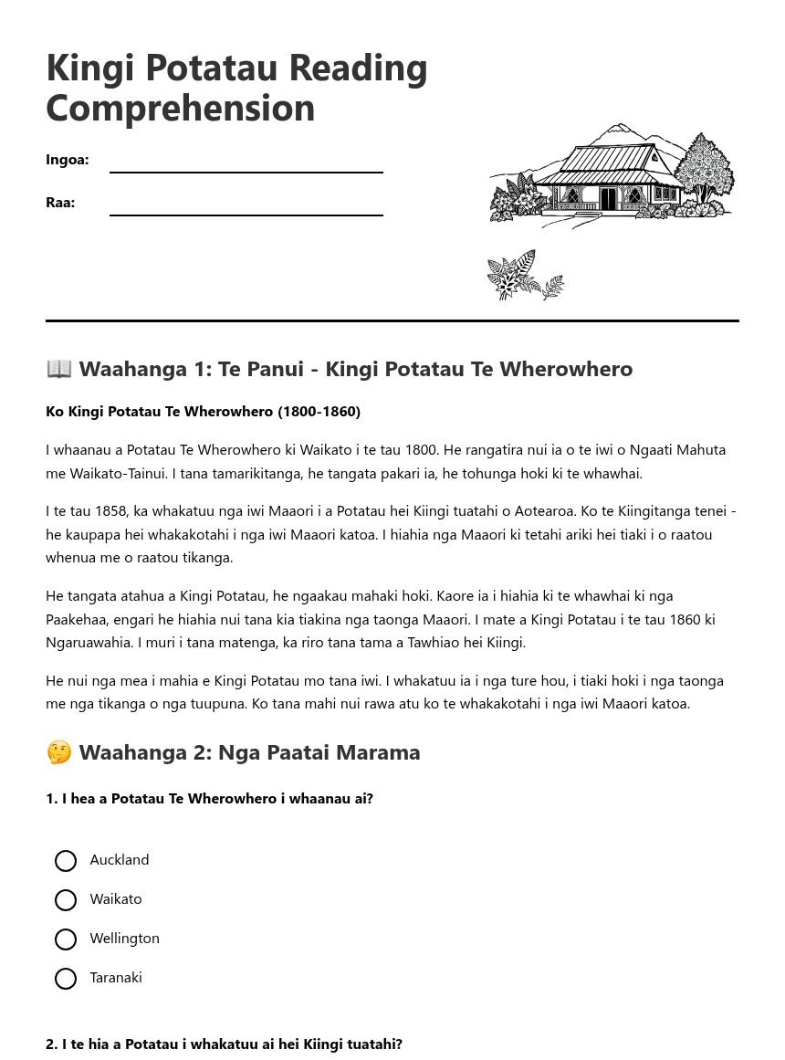Kingi Potatau Reading Comprehension worksheet preview