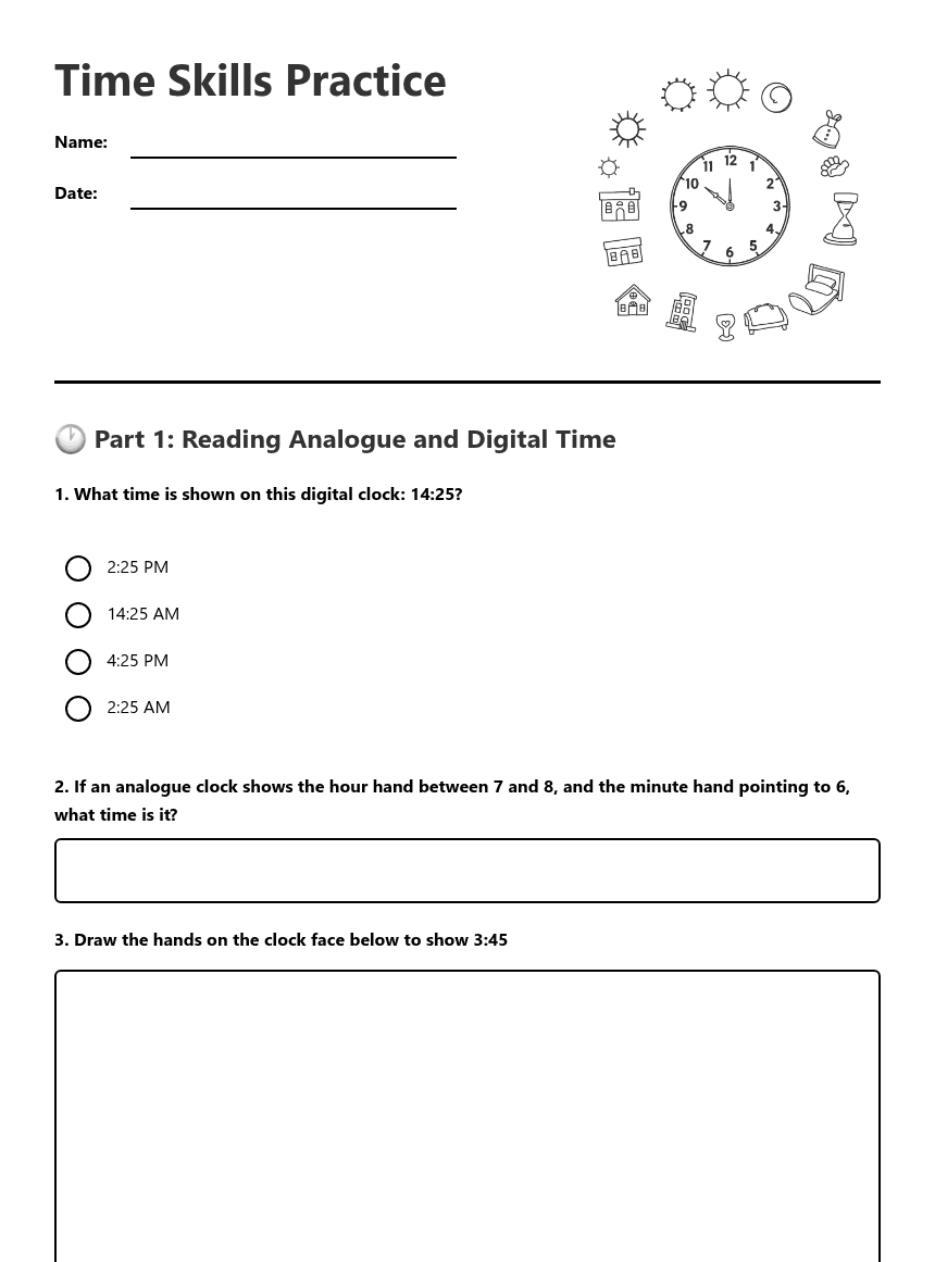 Time Skills Practice worksheet preview