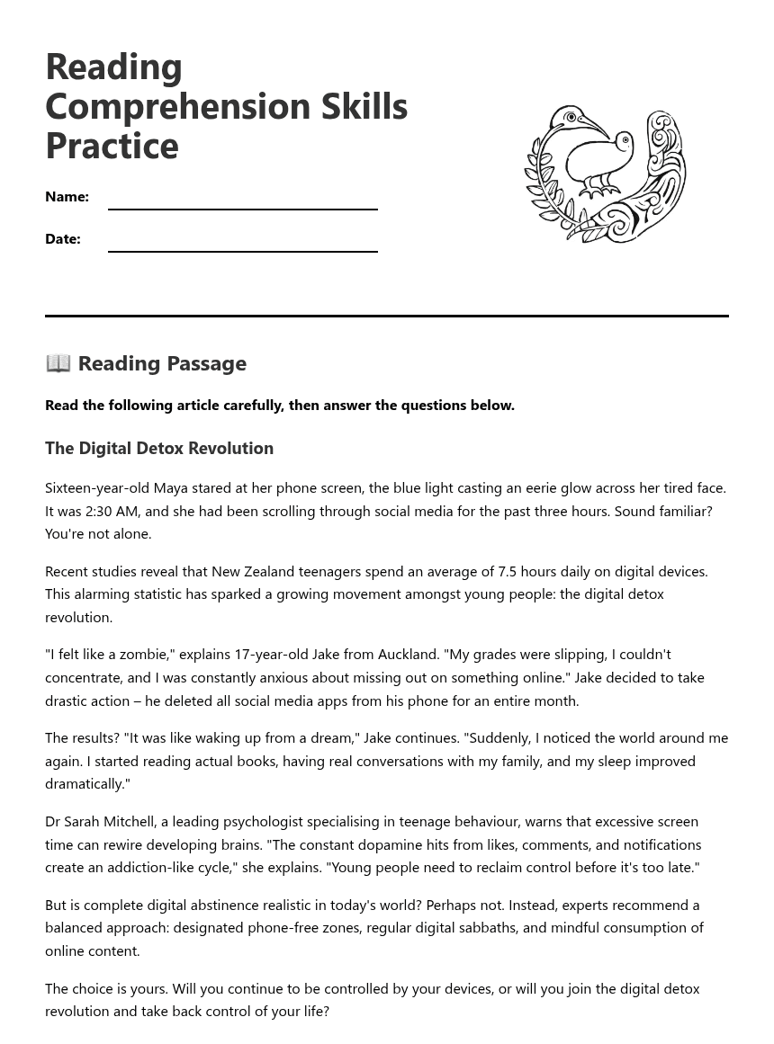 Reading Comprehension Skills Practice worksheet preview