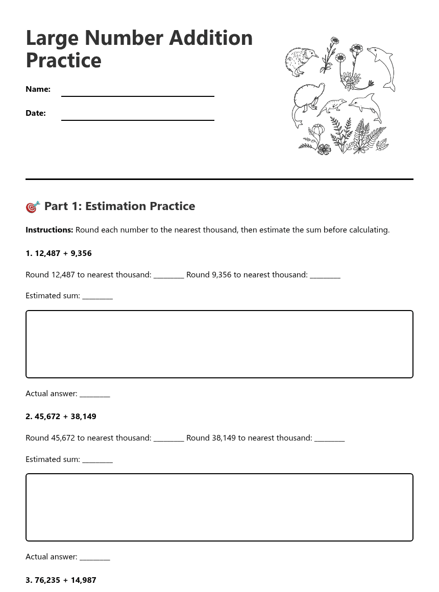 Large Number Addition Practice worksheet preview