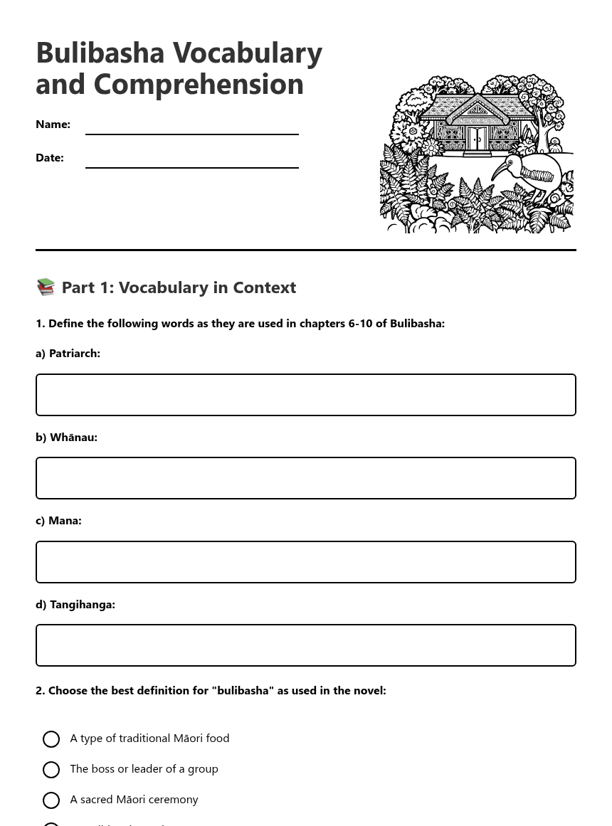 Bulibasha Vocabulary and Comprehension worksheet preview