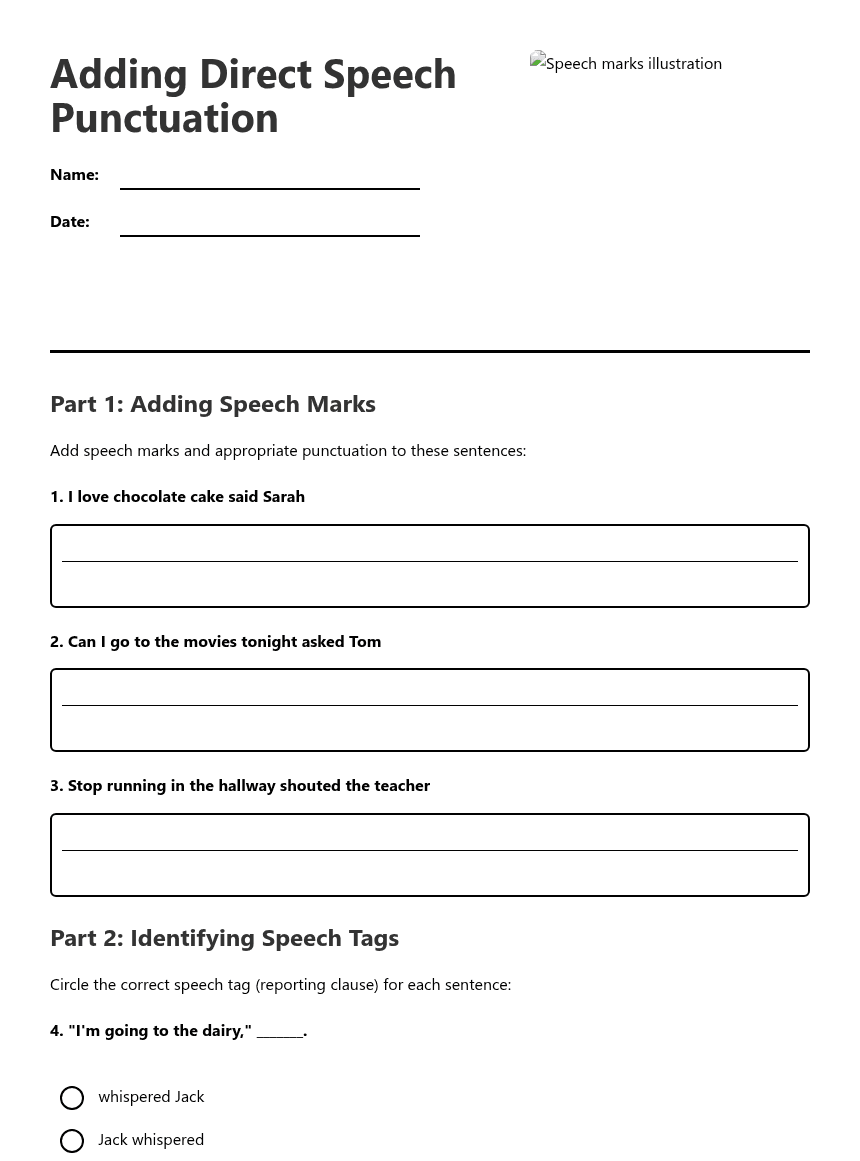 Adding Direct Speech Punctuation worksheet preview