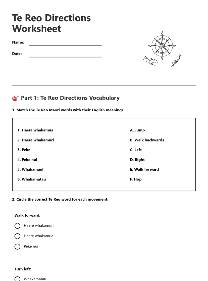 Te Reo Directions Worksheet