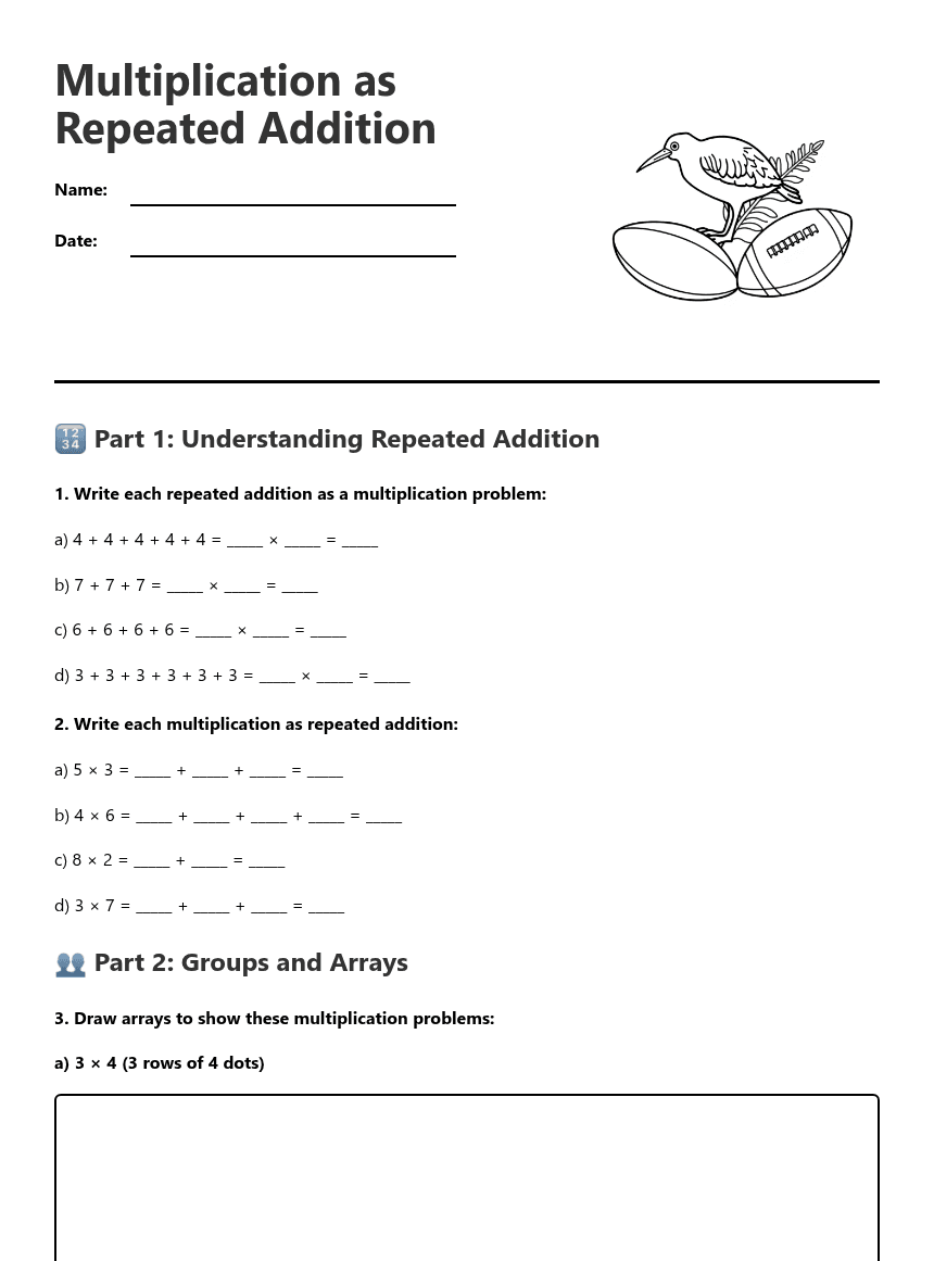 Multiplication as Repeated Addition worksheet preview